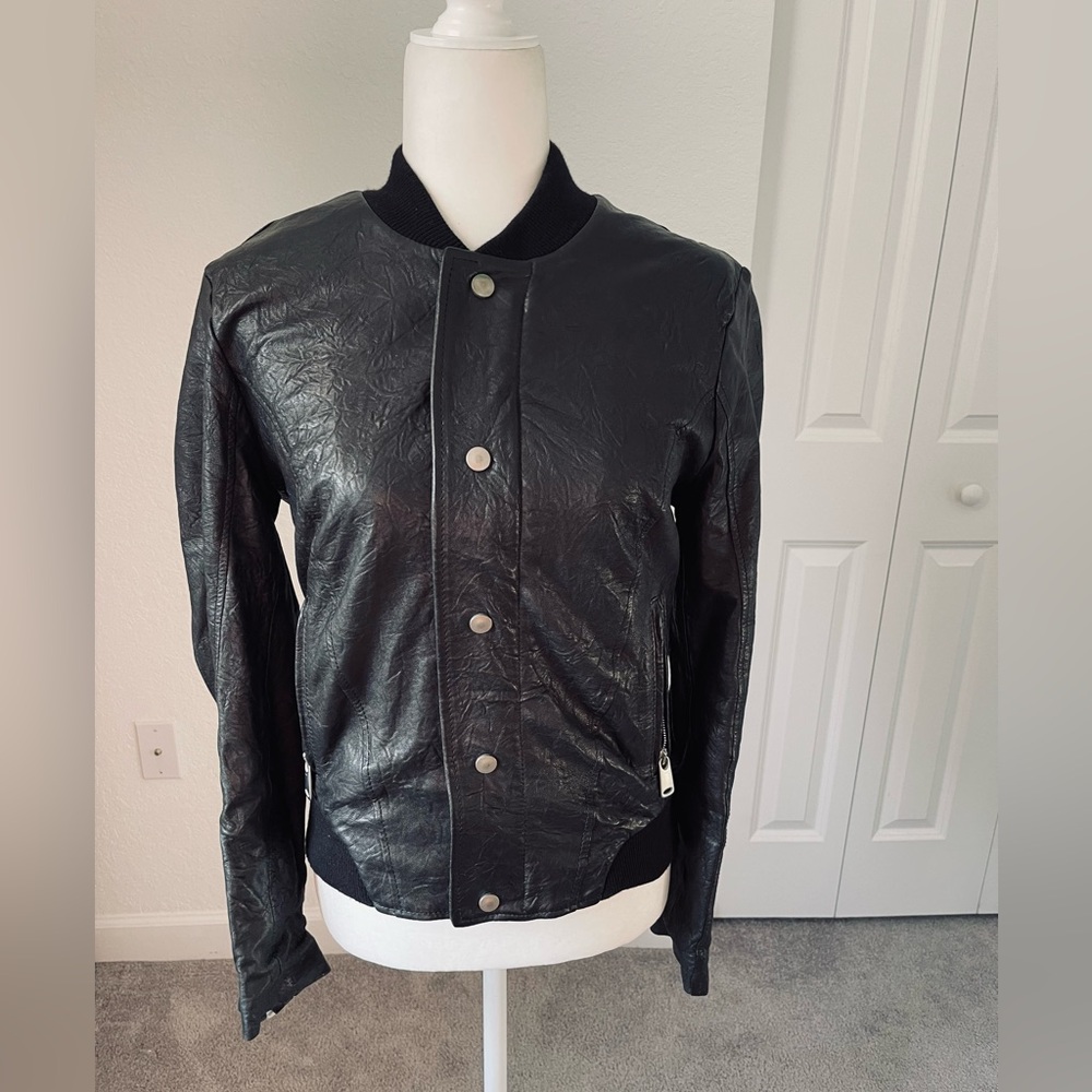 New Dolan by Anthropologie 100% Pelle Leather Black Bomber Jacket Size S
